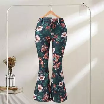 Женские джинсовые брюки с высокой талией, цветочным принтом, расклешенные джинсы с карманами, поясом, легкими дышащими джинсами S зелёный