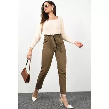 Женские джинсовые брюки с высокой талией и эластичной талией цвета хаки