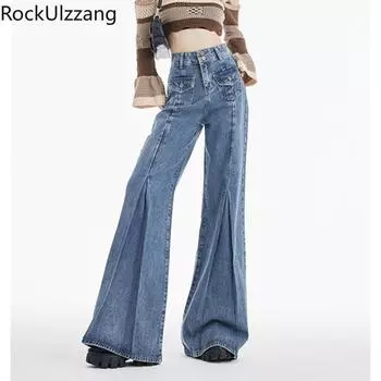 Женские джинсовые брюки с высокой талией и плиссированным расклешенным расклешенным низом S синий