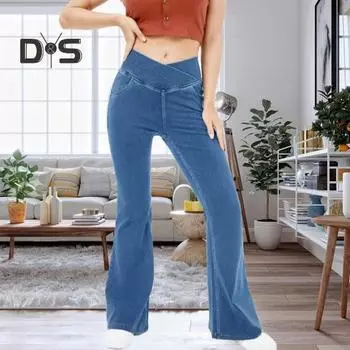 Женские джинсовые брюки с высокой талией, слегка облегающие расклешенные джинсы с карманами, джинсовые брюки с перекрестным поясом, уличная одежда M светло-синий
