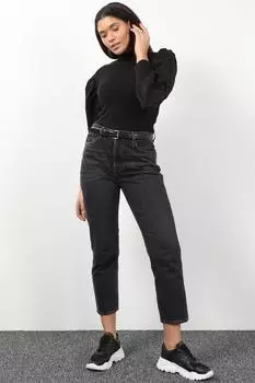 Женские джинсовые брюки с завышенной талией антрацитового цвета