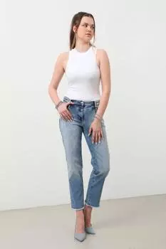 Женские джинсовые брюки узкого кроя с отделкой камнями, синие