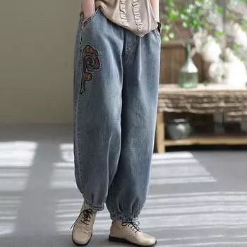 Женские джинсовые брюки в винтажном стиле с вышивкой, свободные шаровары с высокой талией, женские осенние повседневные джинсы 2022 г. L синий