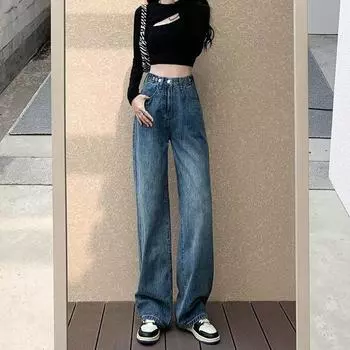 Женские джинсовые дизайнерские повседневные свободные брюки в стиле ретро с высокой талией и широкими штанинами, прямые брюки для похудения, мешковатые джинсы 2XL синий