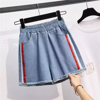 Женские джинсовые джинсы больших размеров в полоску, летние модные тонкие повседневные женские шорты с высокой талией, брюки M синий