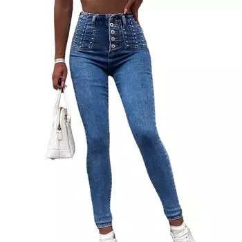 Женские джинсовые джинсы с высокой талией на пуговицах и бисером, тонкие эластичные узкие брюки-карандаш, женские повседневные джинсовые брюки L синий
