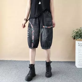 Женские джинсовые капри свободного кроя с карманами в стиле пэчворк с принтом M