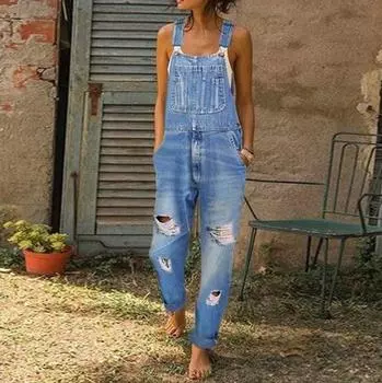 Женские джинсовые комбинезоны с нагрудниками в стиле ретро, джинсовые комбинезоны и комбинезоны, женские повседневные эластичные длинные комбинезоны с рваными отверстиями и карманами XXXL зелёный