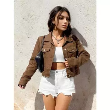 Женские джинсовые куртки, новая верхняя одежда, винтажный лацкан, американский ретро, осенний однобортный пиджак на пуговицах, укороченный джинсовый кардиган XS темно-коричневого