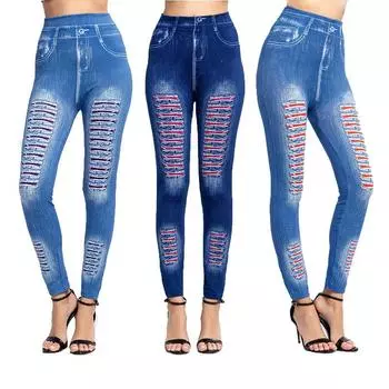 Женские джинсовые леггинсы с имитацией джинсов, повседневные узкие узкие брюки с высокой талией, эластичные брюки-карандаш, спортивные мягкие брюки с пуш-ап и принтом S чёрный