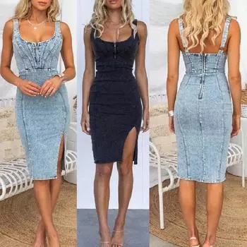 Женские джинсовые платья на тонких бретельках, облегающее джинсовое платье, женское винтажное платье до колена, Vestidos S чёрный