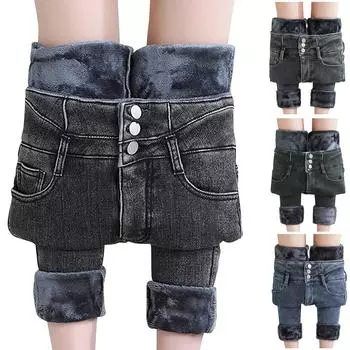 Женские джинсовые плюс бархатные леггинсы из плотной овечьей шерсти, женские осенние и зимние леггинсы с высокой талией, теплые брюки L чёрный