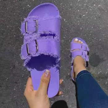 Женские джинсовые сандалии-шлепанцы с пряжкой на ремне, большой размер 43, для использования на открытом воздухе 37 джинсовый синий