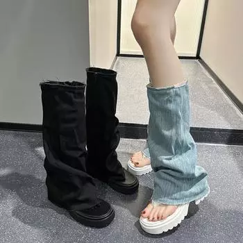 Женские джинсовые сапоги, летние, новые, с боковой молнией, на толстой подошве, женские сапоги, синие, модные, длинные, женская обувь, туфли на платформе 34 светло-синий