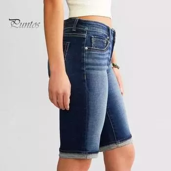 Женские джинсовые шорты длиной до колена, ретро-стиранные, облегающие, эластичные, с эффектом потертости, градиентные цвета, карманы, на пуговицах на талии, на молнии, женские джинсы на каждый день M темно-синий