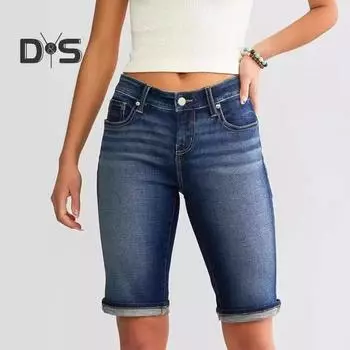 Женские джинсовые шорты длиной до колена, ретро-стиранные, облегающие, эластичные, с эффектом потертости, градиентные цвета, карманы, на пуговицах на талии, на молнии, женские джинсы на каждый день M темно-синий