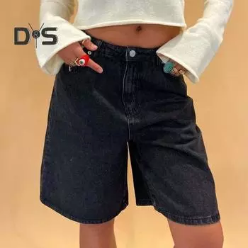 Женские джинсовые шорты длиной до колена с карманами, мешковатые джинсовые шорты-бермуды со средней посадкой, прямые джинсы, короткие брюки S чёрный