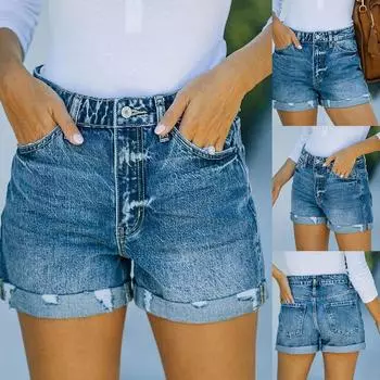 Женские джинсовые шорты. Рваные джинсовые шорты со средней талией. Популярные шорты с эластичной складной кромкой. L синий