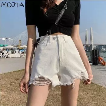 Женские джинсовые шорты с отверстиями, обжимаемые высокой талией, широкие брюки, тонкие летние джинсы, шорты, брюки для девочек S белый