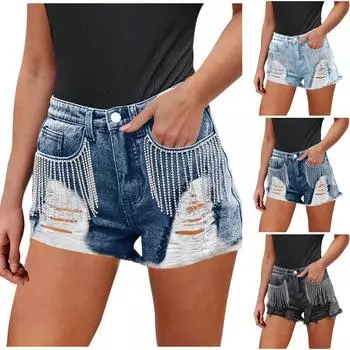 Женские джинсовые шорты с потертостями и бахромой со стразами, джинсовые шорты средней длины с потертым краем, летние короткие джинсы L чёрный