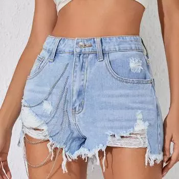 Женские джинсовые шорты с потертостями - шорты с ажурным бахромой S синий