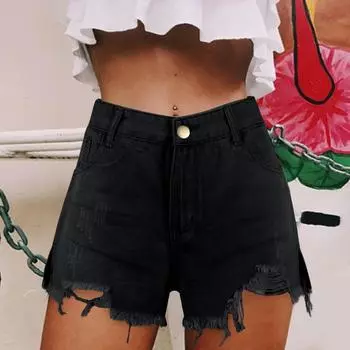 Женские джинсовые шорты с рваной бахромой и высокой талией L чёрный