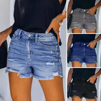 Женские джинсовые шорты с рваными краями и несколькими карманами, сплошной цвет, застежка-молния на пуговицах S темно-синий