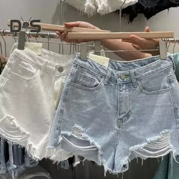 Женские джинсовые шорты с рваными отверстиями, высокой талией, большие размеры, пуговицы на молнии, облегающие шорты трапециевидной формы с карманами, короткие джинсы, пляжные шорты для леди для свиданий 3XL черный серый