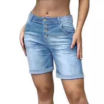 Женские джинсовые шорты с высокой талией и подвернутыми манжетами, утягивающие джинсовые шорты-бермуды с карманами S светло-синий