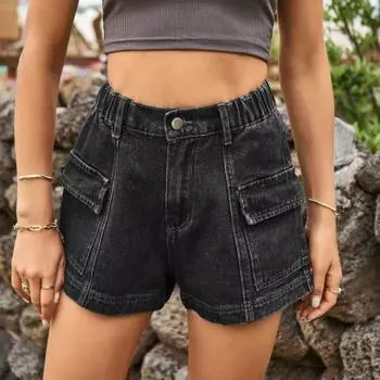 Женские джинсовые шорты средней талии, прямые, джинсовые шорты-карго с карманами, повседневные, широкие, мешковатые, эластичные шорты XXL темно-синий