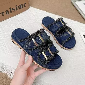 Женские джинсовые тапочки Новые летние женские дизайнерские сандалии на плоской подошве Женские дышащие пляжные тапочки Zapatos De Mujer 36