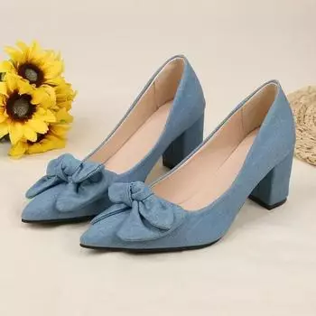 Женские джинсовые туфли на высоком каблуке с бантом, корейская осенняя мода, элегантные туфли-лодочки на толстом каблуке с острым носком, вечерние платья, повседневная обувь 35