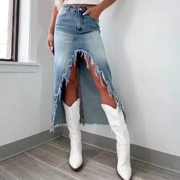 Женские джинсовые юбки весна-лето с высокой талией и нерегулярными кисточками, макси-юбка, женские винтажные длинные юбки S синий