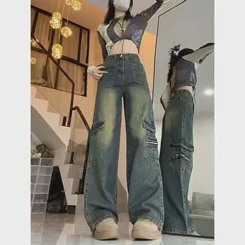 Женские джинсы 2024 года с высокой талией и широкими штанинами в стиле ретро с карманами в гонконгском стиле