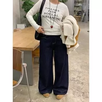 Женские джинсы 2024 темно-синего цвета с высокой талией и широкими штанинами — облегающие, свободные XL (60-70 kg)