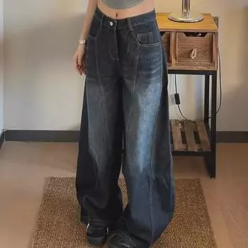 Женские джинсы American High Street Washed темно-синего цвета Scimitar - Осень 2024 г. Свободные широкие брюки 3XL синий