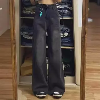 Женские джинсы American Retro 2024 с высокой талией, черные, широкие, с широкими штанинами - Весенний стиль 2XL