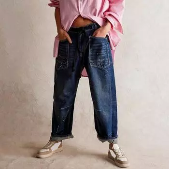 Женские джинсы-бочки с широкими штанинами, заниженной талией, с завязками на щиколотке, эластичные мешковатые брюки-бойфренды с резинкой на талии S темно-синий