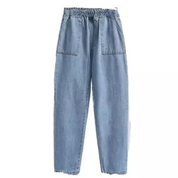 Женские джинсы больших размеров, брюки с высокой талией, свободные джинсовые женские брюки с эластичной резинкой на талии, весенние базовые брюки с карманами L светло-синий