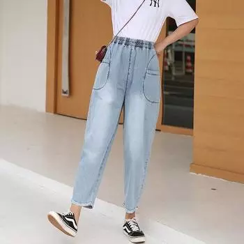 Женские джинсы больших размеров L-6XL, женские брюки, летние тонкие брюки-фонарики, повседневные свободные повседневные женские джинсы большого размера, брюки L светло-синий