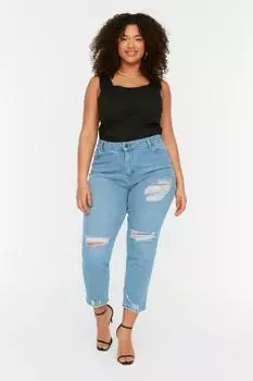 Женские джинсы больших размеров, модные новогодние голубые рваные джинсы скинни с высокой талией и детализацией