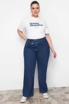 Женские джинсы больших размеров, модные новые сезонные темно-синие джинсы прямого кроя с детальной талией