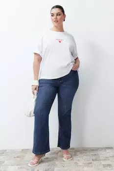 Женские джинсы больших размеров, модные синие джинсы нового сезона, более экологичные расклешенные джинсы с высокой талией