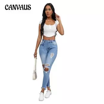 Женские джинсы больших размеров с дырками, утягивающие, с высокой талией, стрейч, винтажные, из денима, брюки до щиколотки S синий
