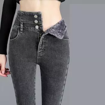 Женские джинсы больших размеров с подкладкой, зимние толстые бархатные джинсы скинни с высокой талией, простые флисовые теплые облегающие брюки-карандаш 5XL