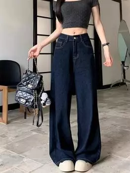 Женские джинсы больших размеров в стиле ретро с высокой посадкой и широкими штанинами - Коллекция Весна/Осень 2025 L темно-синий