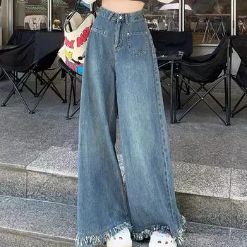 Женские джинсы большого размера с рюшами в стиле ретро для весны и осени с высокой талией, обтягивающие и свободные, прямые брюки с широкими штанинами. M темно-синий