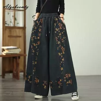 Женские джинсы большого размера с широкими штанинами, эластичной талией, цветочным принтом, винтажные, оверсайз, мешковатые, прямые, на все случаи жизни, романтичные женские джинсы M