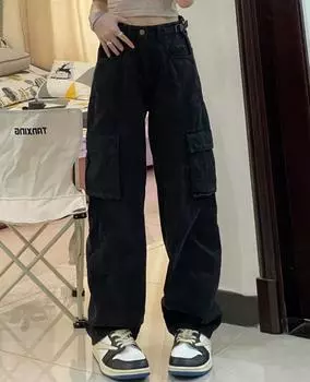Женские джинсы, брюки-карго, черная винтажная уличная одежда Y2k, мешковатые брюки с высокой талией, модные женские джинсовые брюки в американском ретро S чёрный