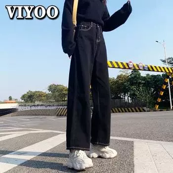 Женские джинсы, черные корейские брюки Y2K, джинсовые винтажные черные повседневные брюки, женские осенние мешковатые джинсы с высокой талией, уличная одежда S чёрный